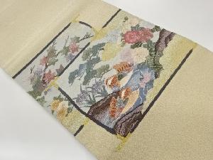 綴れ金通し格子に松・草花・鴛鴦模様織出し名古屋帯